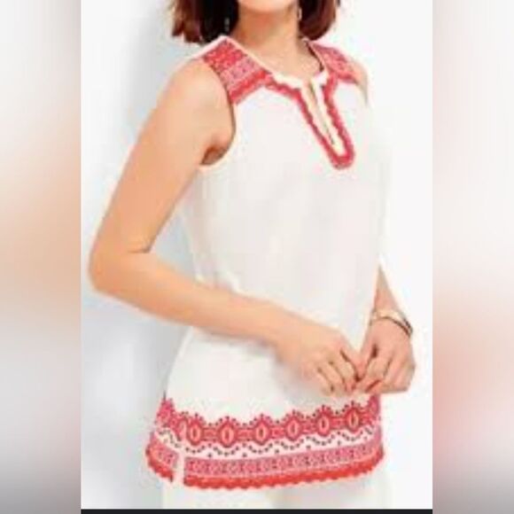 Talbots Sleeveless Aztec White w/ Red Embroidery Cotton Tunic Top Blouse -Size S - Picture 2 of 8